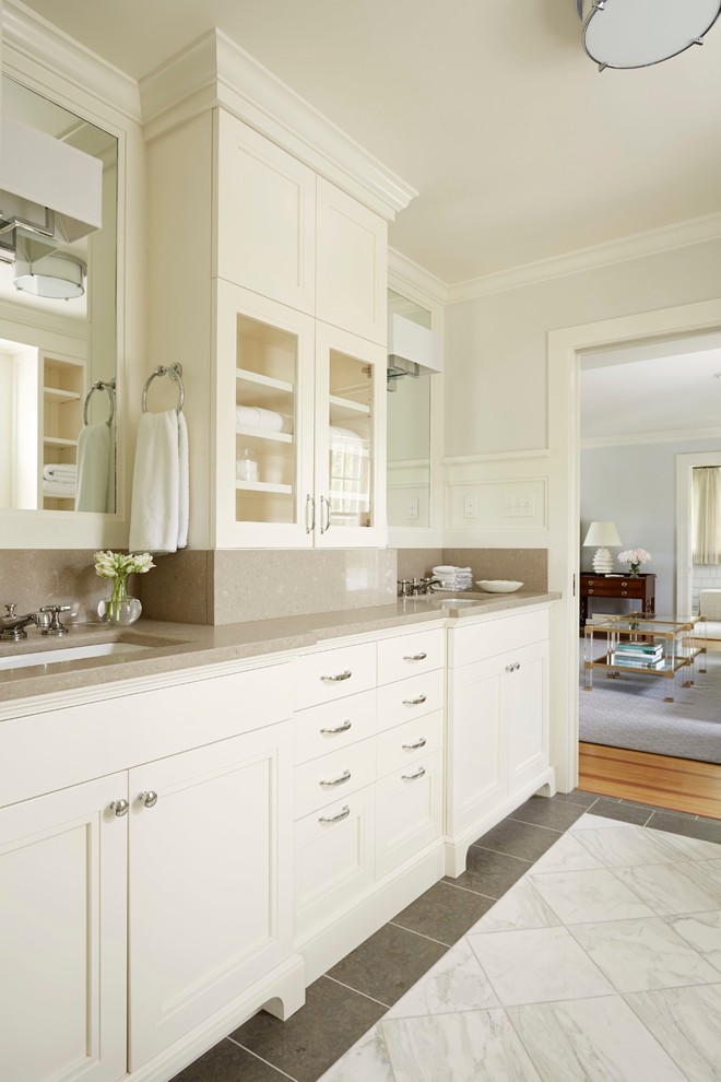 Design ideas for a large transitional master bathroom in DC Metro with an undermount sink, flat-panel cabinets, white cabinets, engineered quartz benchtops, white tile, white walls and marble floors.
