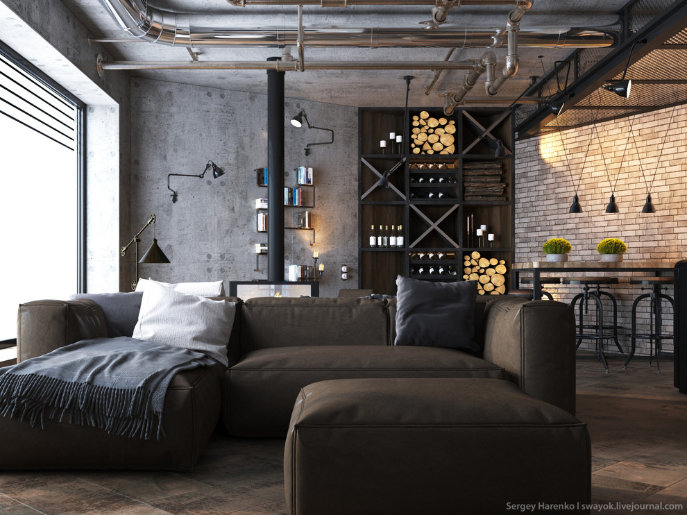 Large industrial loft-style living room in Other with a home bar, multi-coloured walls, medium hardwood floors, a two-sided fireplace and a wall-mounted tv.