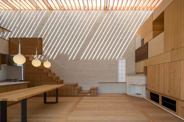 ルーバー天井の居間 食堂 台所 Living Room Dining Room Kitchen With Lovered Ceiling Modern Games Room Yokohama By Ken Yokogawa Architect Associates Inc Houzz Uk