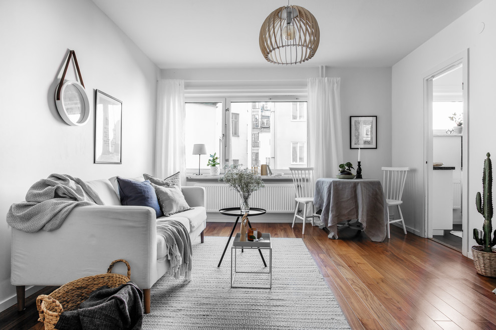 Immagine di un soggiorno scandinavo di medie dimensioni e chiuso con pareti bianche, pavimento in legno massello medio e pavimento marrone