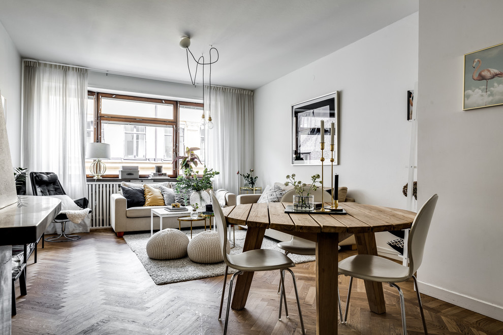 Idee per un soggiorno scandinavo di medie dimensioni e aperto con pareti bianche