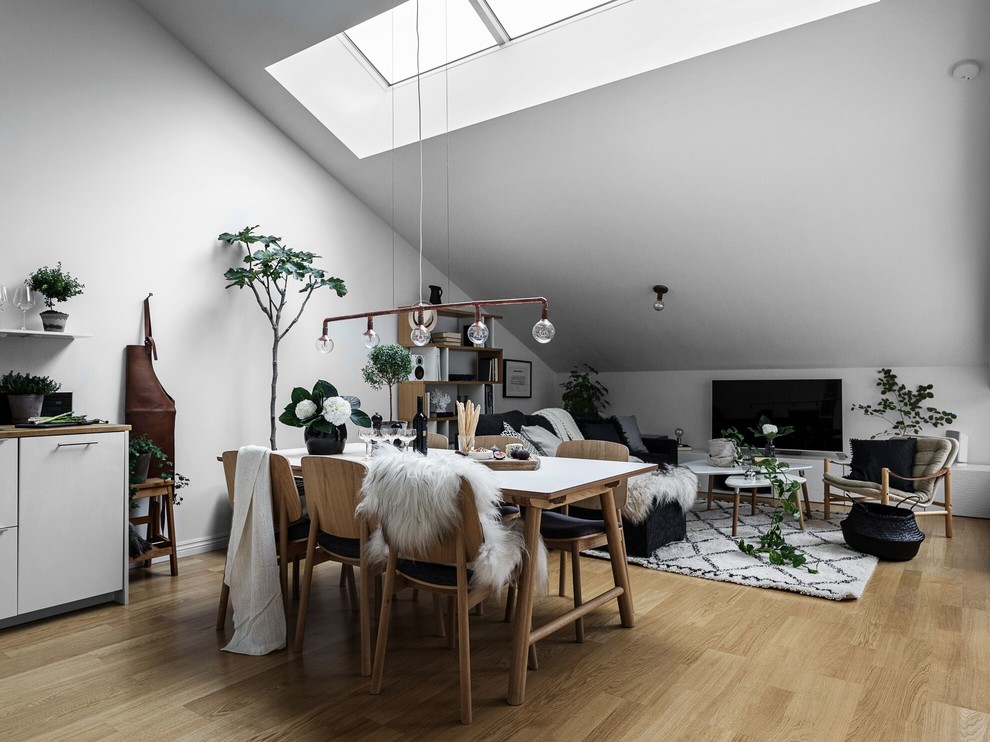 Inspiration for a scandinavian family room remodel in Stockholm with white walls