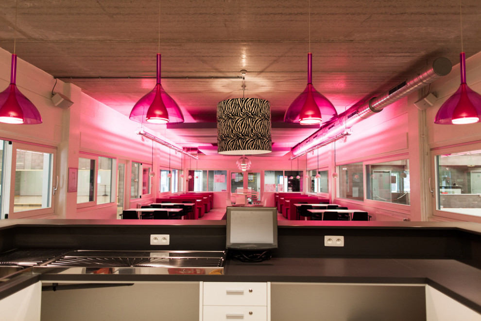 Источник вдохновения для домашнего уюта: домашний бар в стиле фьюжн с розовой столешницей