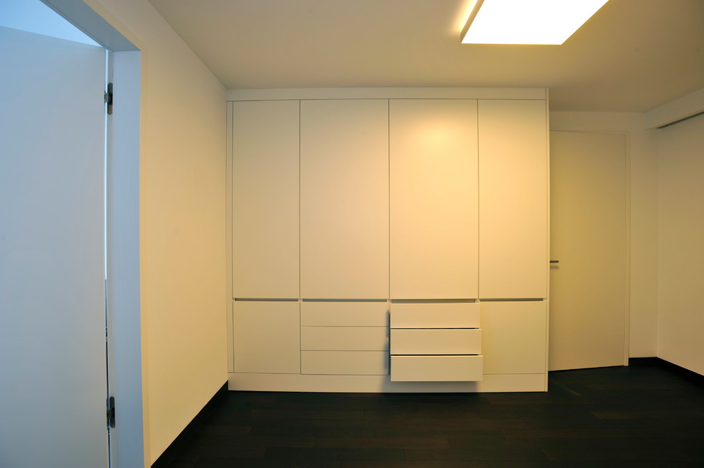 Immagine di un grande armadio o armadio a muro design con ante lisce, ante bianche, parquet scuro e pavimento nero