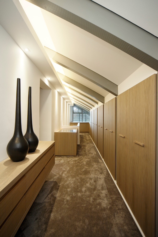 Идея дизайна: огромная гардеробная комната унисекс в стиле модернизм с плоскими фасадами, светлыми деревянными фасадами и ковровым покрытием