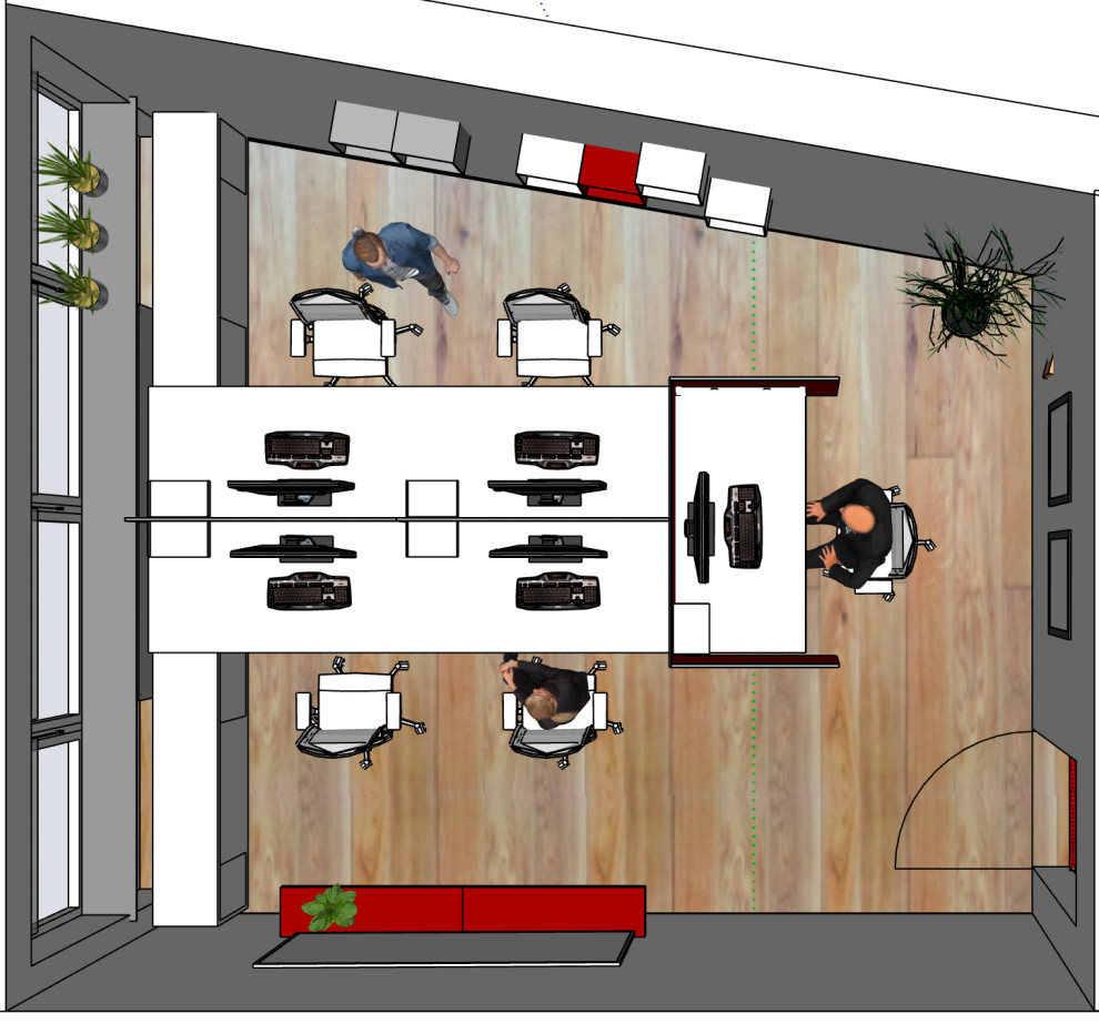 Пример оригинального дизайна: рабочее место среднего размера в современном стиле с полом из ламината, отдельно стоящим рабочим столом, коричневым полом, потолком с обоями, обоями на стенах и белыми стенами