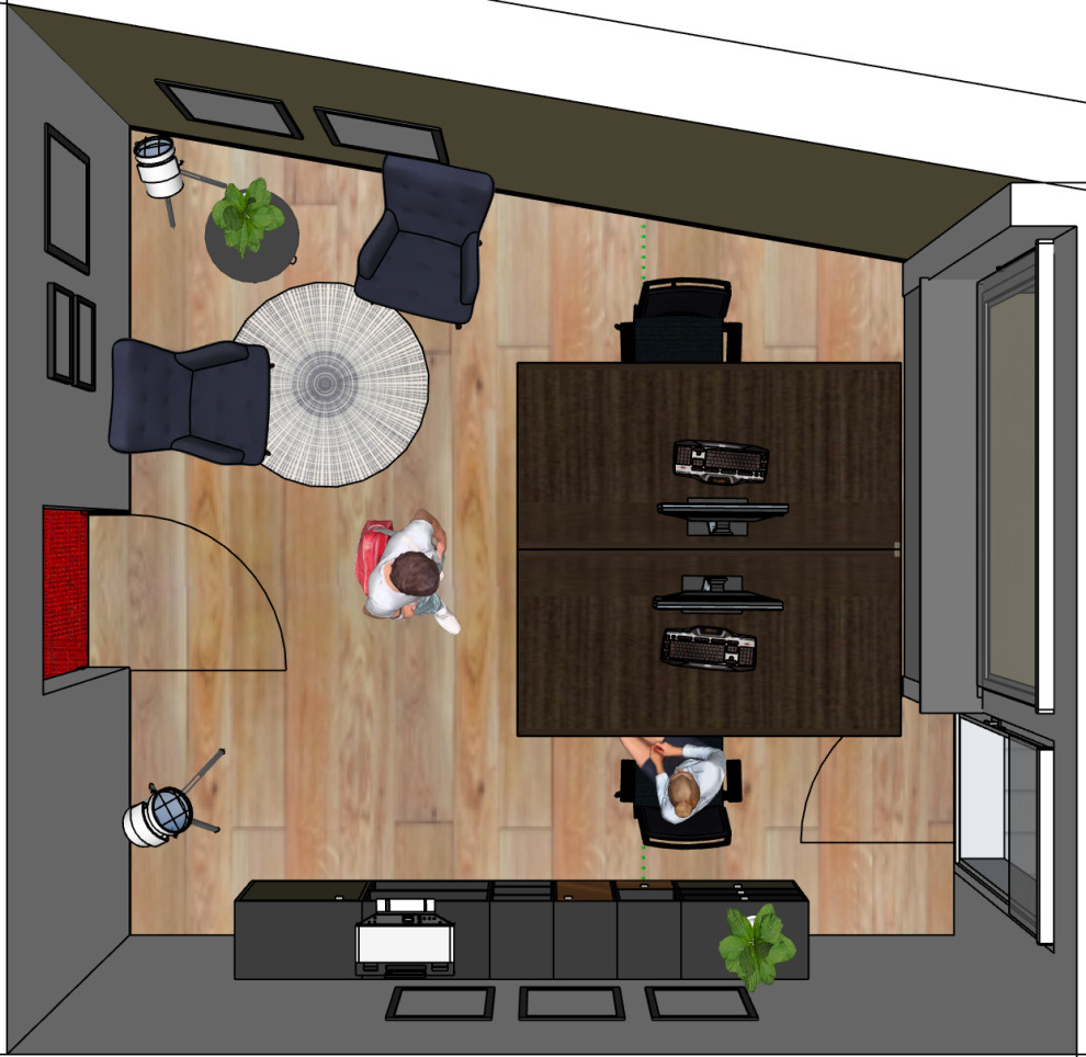 Cette image montre un bureau design de taille moyenne avec un mur multicolore, sol en stratifié, un bureau indépendant, un sol marron, un plafond en papier peint et du papier peint.