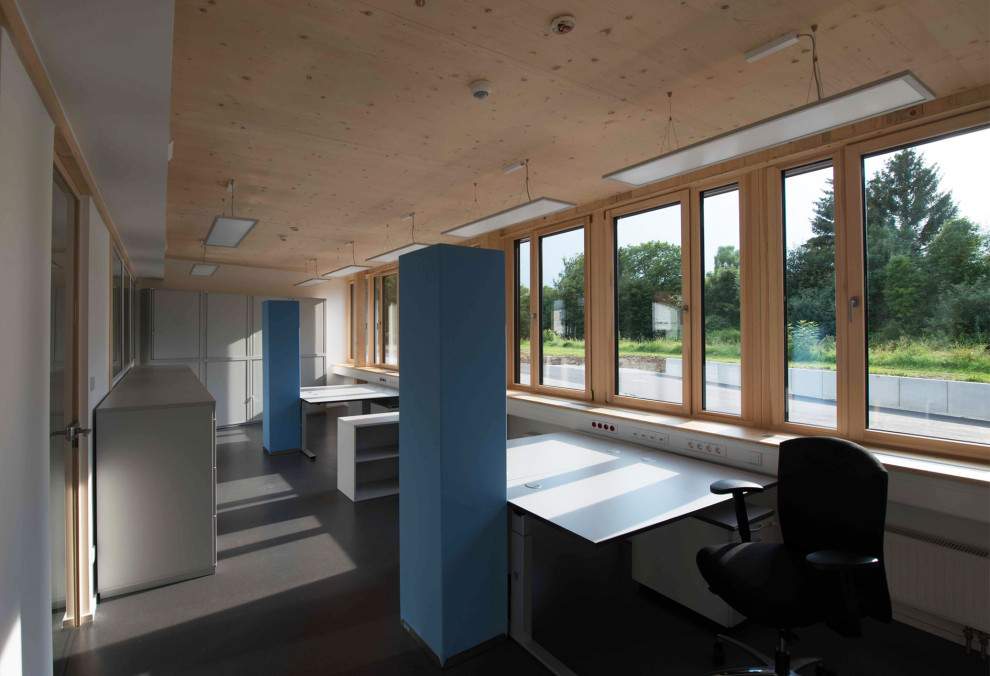 Пример оригинального дизайна: рабочее место среднего размера в современном стиле с белыми стенами, полом из линолеума, отдельно стоящим рабочим столом и деревянным потолком