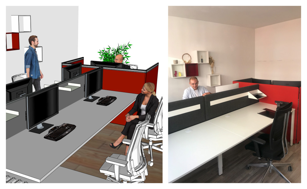 Idées déco pour un bureau contemporain de taille moyenne avec un mur blanc, sol en stratifié, un bureau indépendant, un sol marron, un plafond en papier peint et du papier peint.