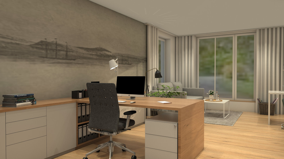 Idee per un ampio ufficio scandinavo con parquet chiaro e scrivania incassata