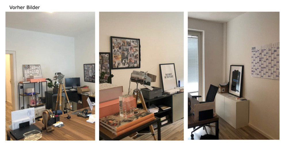 Réalisation d'un bureau design de taille moyenne avec un mur multicolore, sol en stratifié, un bureau indépendant, un sol marron, un plafond en papier peint et du papier peint.