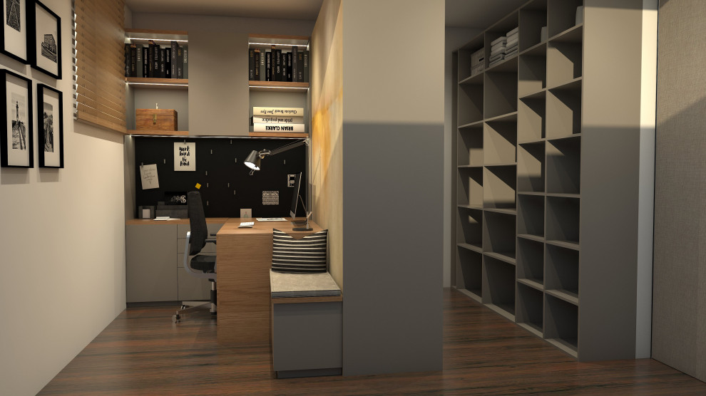 Design ideas for a medium sized scandi study in Munich with dark hardwood flooring and a built-in desk.
