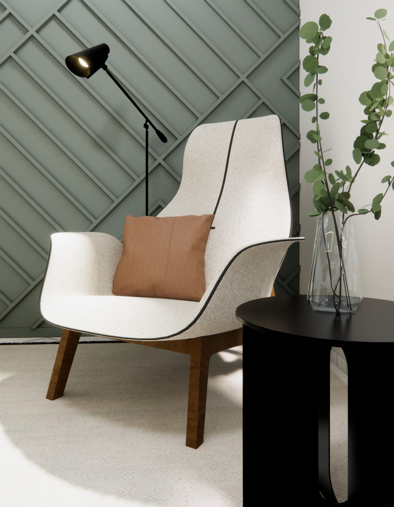 Modelo de despacho minimalista pequeño con paredes verdes, moqueta, escritorio independiente y suelo beige