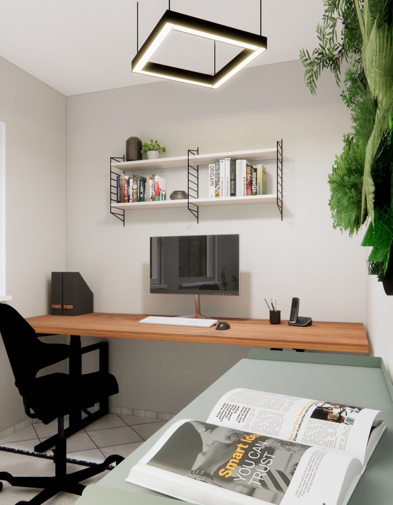 Cette photo montre un petit bureau moderne avec un mur vert, moquette, un bureau indépendant et un sol beige.
