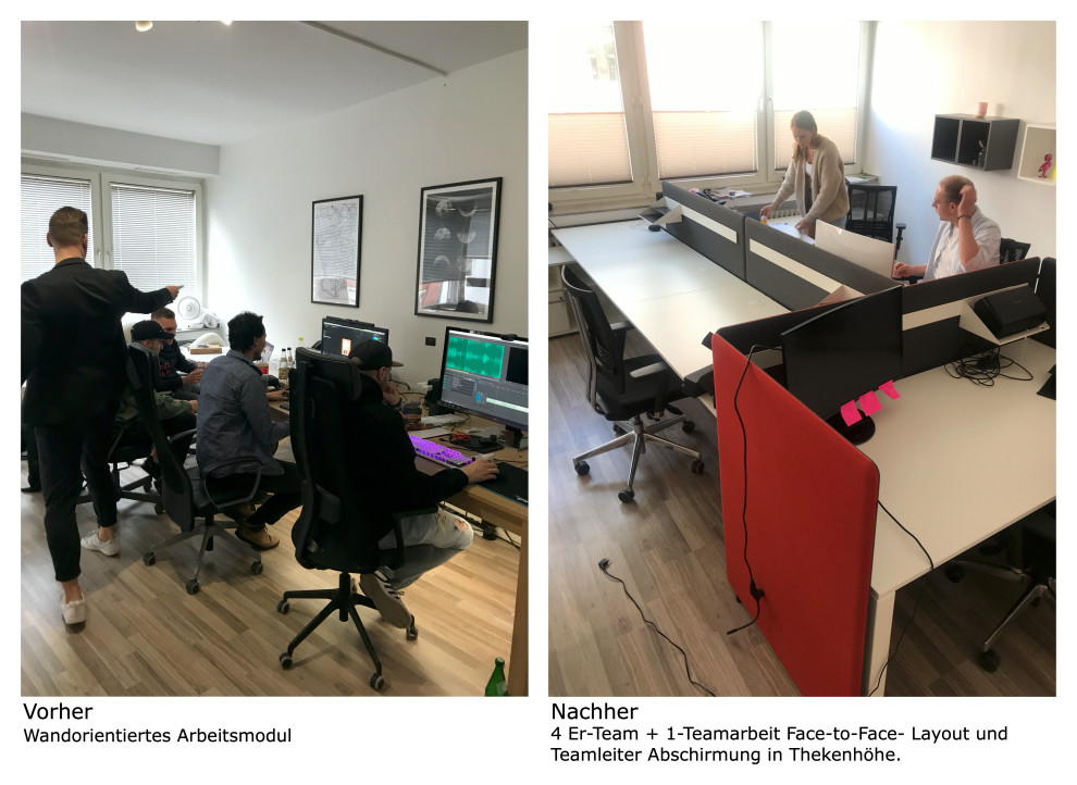 Mittelgroßes Modernes Arbeitszimmer mit Arbeitsplatz, weißer Wandfarbe, Laminat, freistehendem Schreibtisch, braunem Boden, Tapetendecke und Tapetenwänden in Köln