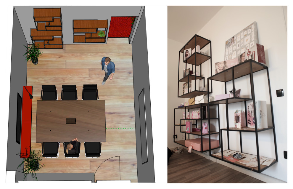 Idées déco pour un petit bureau contemporain avec un mur blanc, sol en stratifié, un bureau indépendant, un sol marron, un plafond en papier peint et du papier peint.