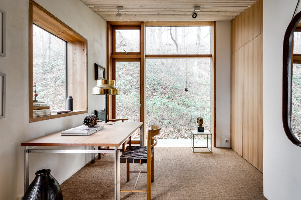 Idéer för ett stort minimalistiskt arbetsrum, med vita väggar, heltäckningsmatta och ett fristående skrivbord