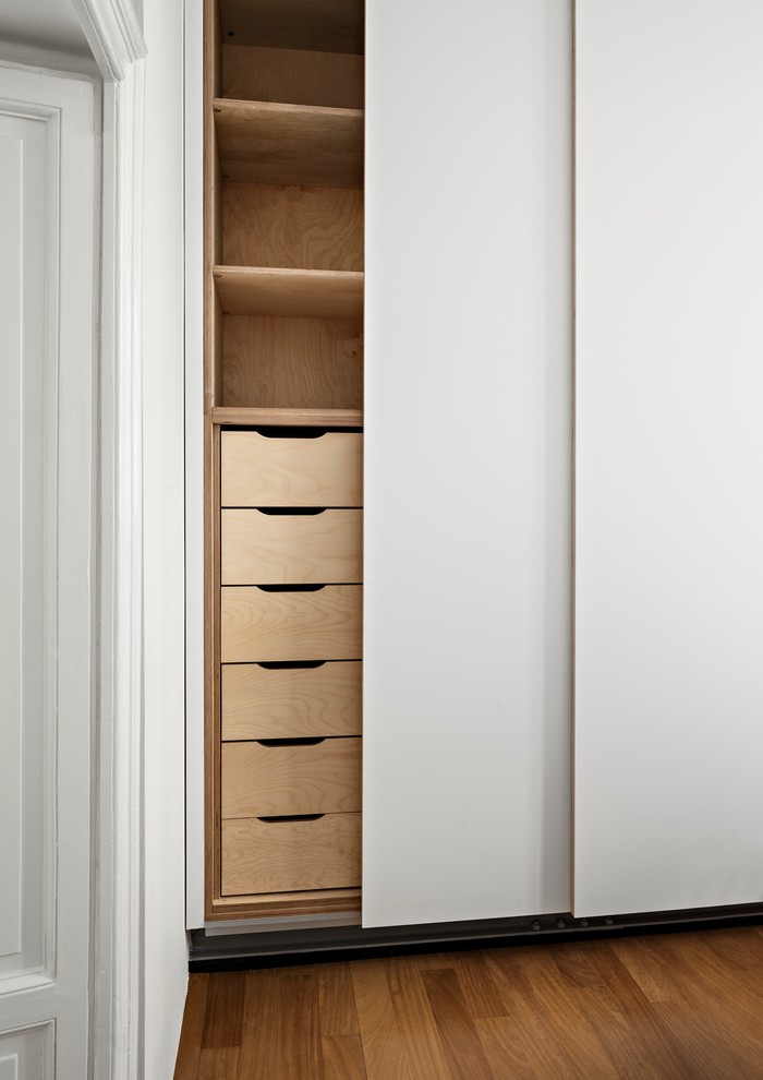 Diseño de armario unisex contemporáneo de tamaño medio con armarios con paneles lisos, puertas de armario de madera clara y suelo de madera en tonos medios