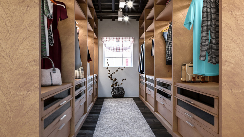 Mittelgroßer, Neutraler Moderner Begehbarer Kleiderschrank mit offenen Schränken, braunen Schränken, dunklem Holzboden und braunem Boden in Mailand