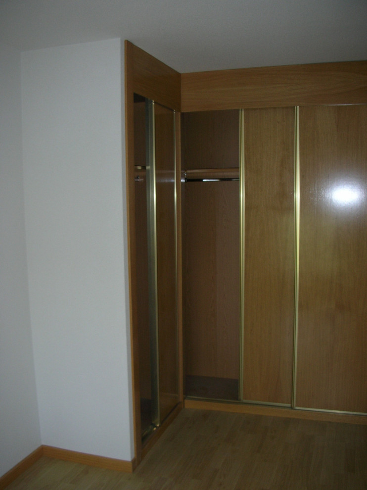 Esempio di un armadio incassato unisex minimalista di medie dimensioni con ante lisce, ante in legno scuro e pavimento in legno massello medio