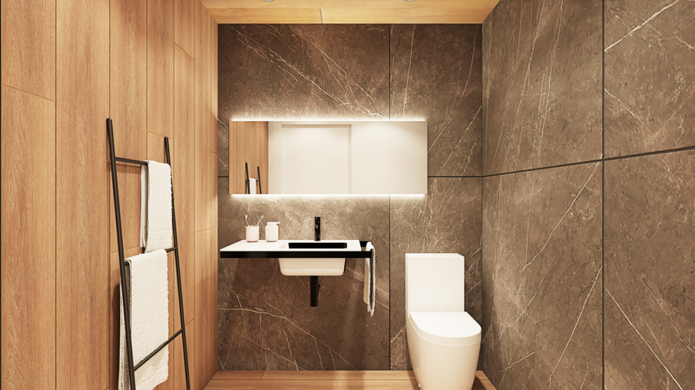 Идея дизайна: туалет среднего размера в современном стиле с белыми фасадами, черной плиткой и керамической плиткой