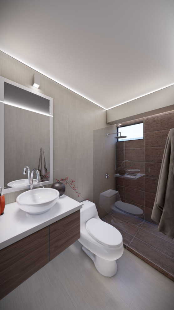 Exemple d'un WC et toilettes moderne de taille moyenne avec des portes de placard blanches, un bidet, un carrelage gris, des carreaux de béton, un mur gris, un sol en carrelage de porcelaine, une vasque, un plan de toilette en granite, un sol gris, un plan de toilette blanc et meuble-lavabo encastré.