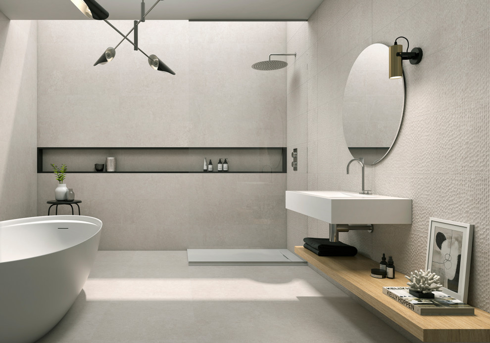 Cette image montre une salle de bain nordique avec un carrelage beige.