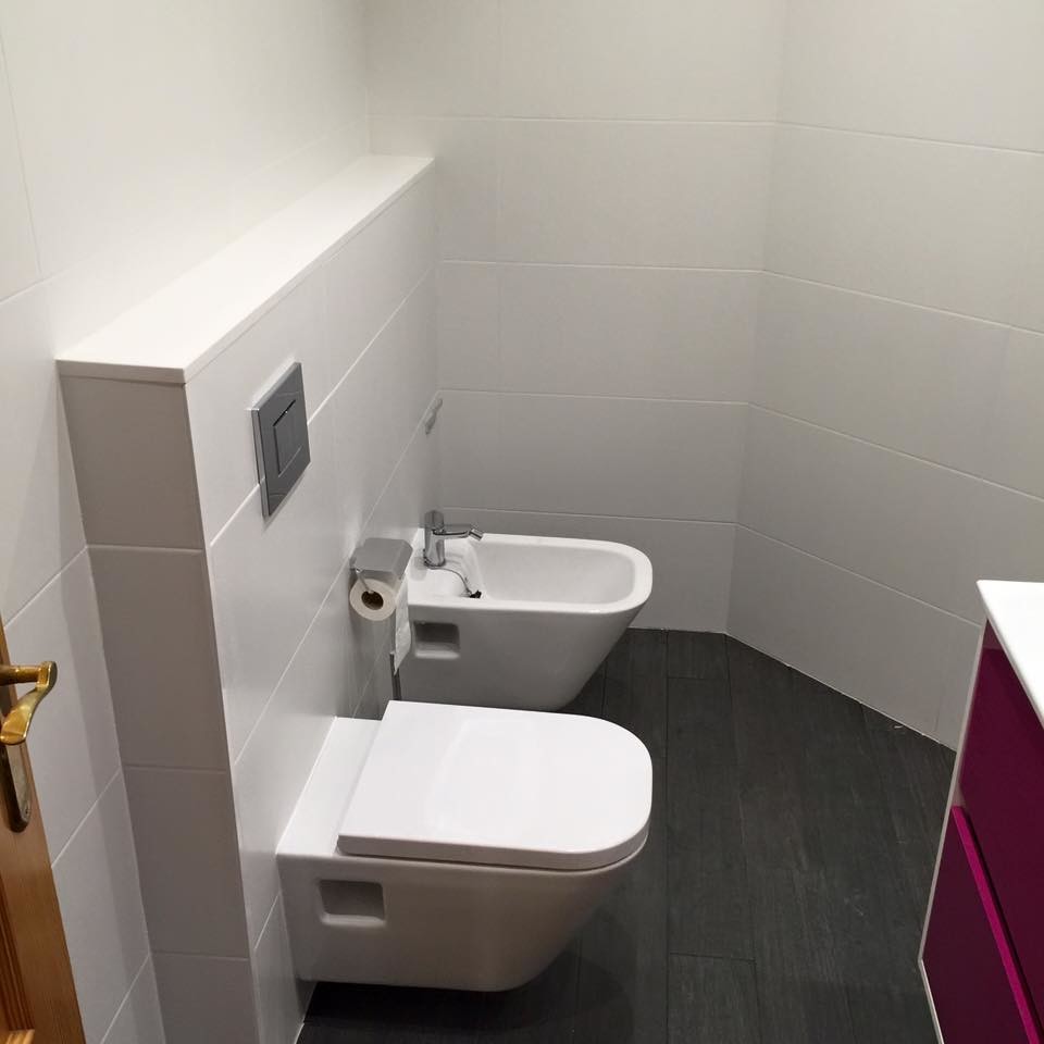 Inspiration för ett mellanstort funkis toalett, med en vägghängd toalettstol, vita väggar och ett väggmonterat handfat