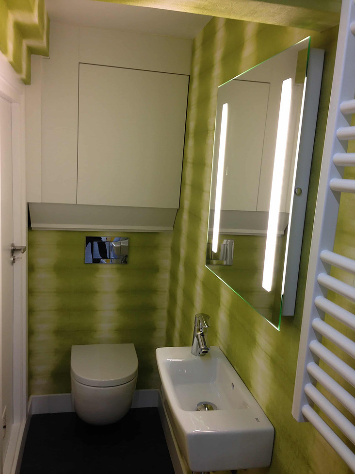 Kleine Moderne Gästetoilette mit Wandtoilette, grüner Wandfarbe und Wandwaschbecken in Sonstige