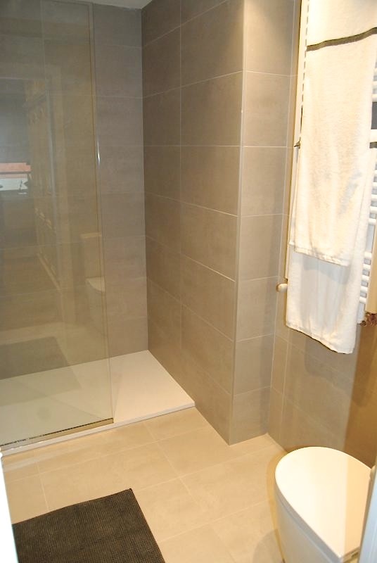 Ispirazione per una stanza da bagno contemporanea di medie dimensioni con pareti beige, pavimento in legno massello medio e WC a due pezzi