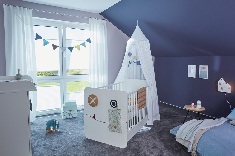 Photo of a medium sized contemporary gender neutral nursery in Other with purple walls, carpet and grey floors.