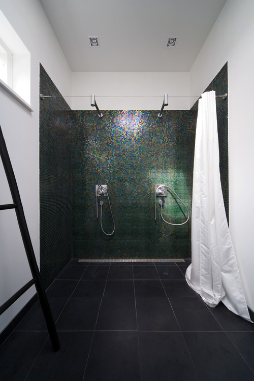 Striking Black Shell Tiles in a Contemporary Walk-in Shower