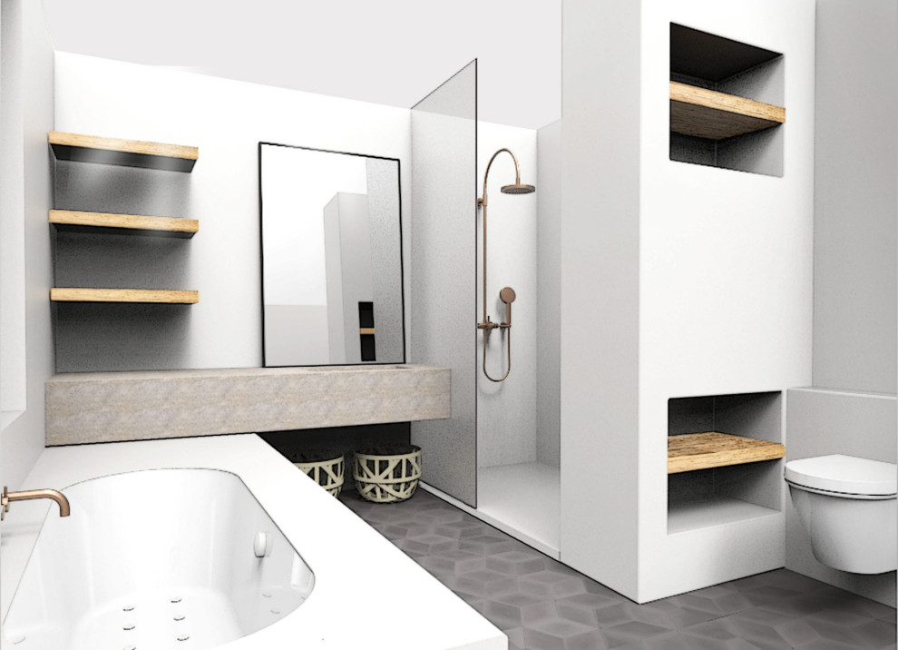 Kleines Modernes Badezimmer En Suite mit Zementfliesen für Boden in Marseille