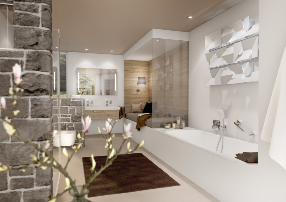 Bild på ett mycket stort funkis badrum med dusch, med släta luckor, ett platsbyggt badkar, en kantlös dusch, en bidé, vita väggar, klinkergolv i keramik, ett integrerad handfat, beiget golv, med dusch som är öppen och skåp i mellenmörkt trä