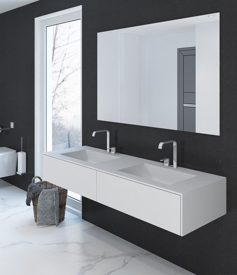 Inspiration för mellanstora moderna en-suite badrum, med ett väggmonterat handfat, bänkskiva i akrylsten, släta luckor och vita skåp