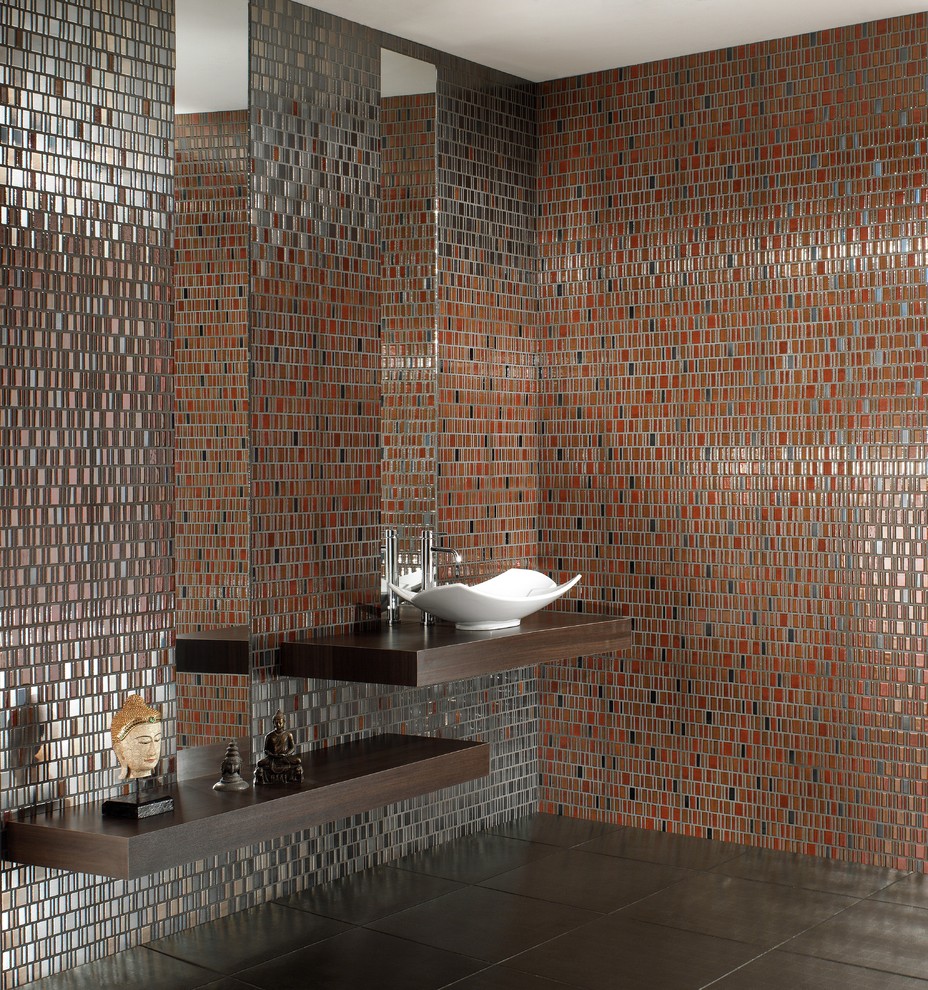 Contemporary bathroom in Frankfurt with a vessel sink, wooden worktops, multi-coloured tiles and brown worktops.