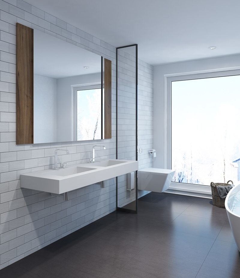 Foto de cuarto de baño moderno de tamaño medio con bañera exenta, sanitario de pared, baldosas y/o azulejos blancos, baldosas y/o azulejos de cemento, paredes blancas, aseo y ducha, lavabo suspendido y suelo gris