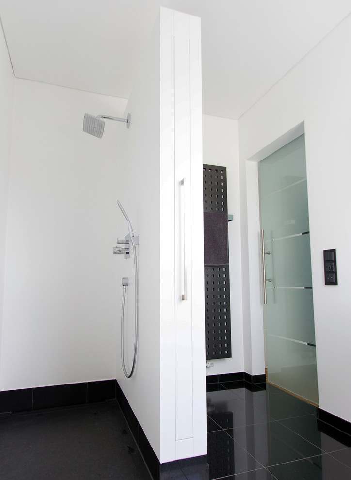 Modernes Duschbad mit flächenbündigen Schrankfronten und weißen Schränken in Sonstige