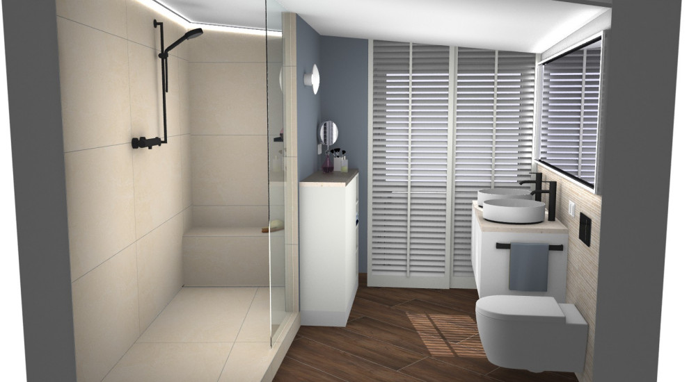 This is an example of a medium sized contemporary shower room bathroom in Hanover with white cabinets, a walk-in shower, a wall mounted toilet, beige tiles, ceramic tiles, beige walls, wood-effect flooring, a vessel sink, brown floors, an open shower and beige worktops.