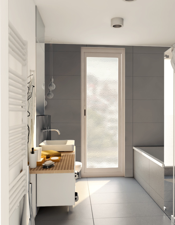 Свежая идея для дизайна: ванная комната среднего размера в современном стиле с белыми фасадами, серой плиткой и серым полом - отличное фото интерьера