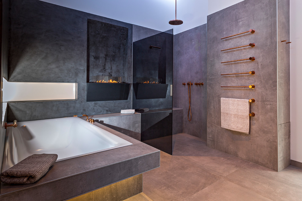 Inspiration for a large contemporary shower room bathroom with a built-in bath, a walk-in shower, grey tiles, stone slabs, white walls, concrete flooring, grey floors and an open shower.