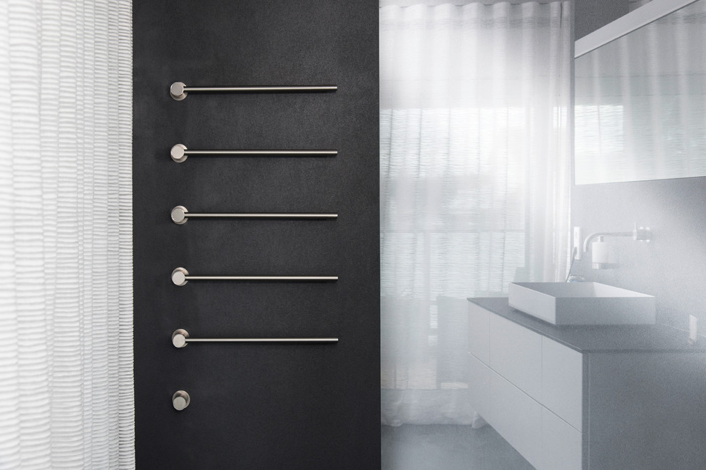 Cette image montre une salle de bain design avec un mur noir.