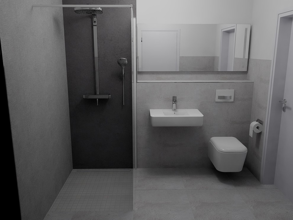 Idéer för små funkis badrum med dusch, med ett väggmonterat handfat, en kantlös dusch, en vägghängd toalettstol, grå kakel, keramikplattor, grå väggar och klinkergolv i keramik