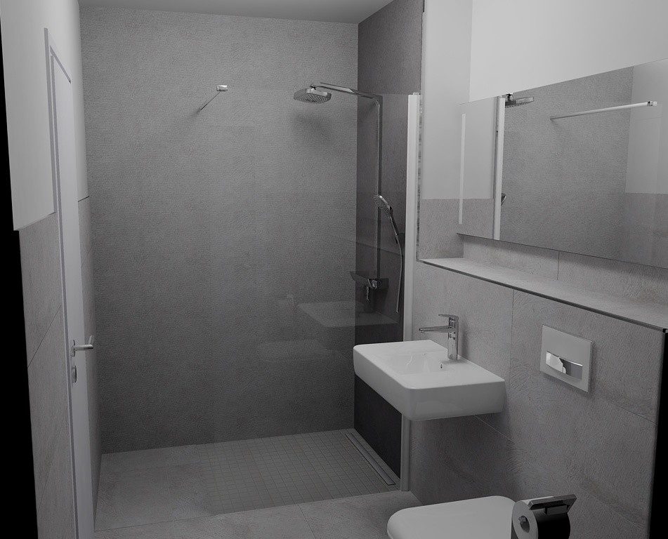 Idee per una piccola stanza da bagno con doccia design con lavabo sospeso, doccia a filo pavimento, WC sospeso, piastrelle grigie, piastrelle in ceramica, pareti grigie e pavimento con piastrelle in ceramica