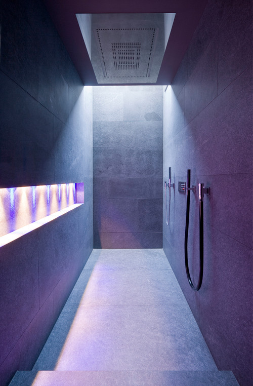 Skylight Serenity: Blue Walk-in Shower Design with a Skylight