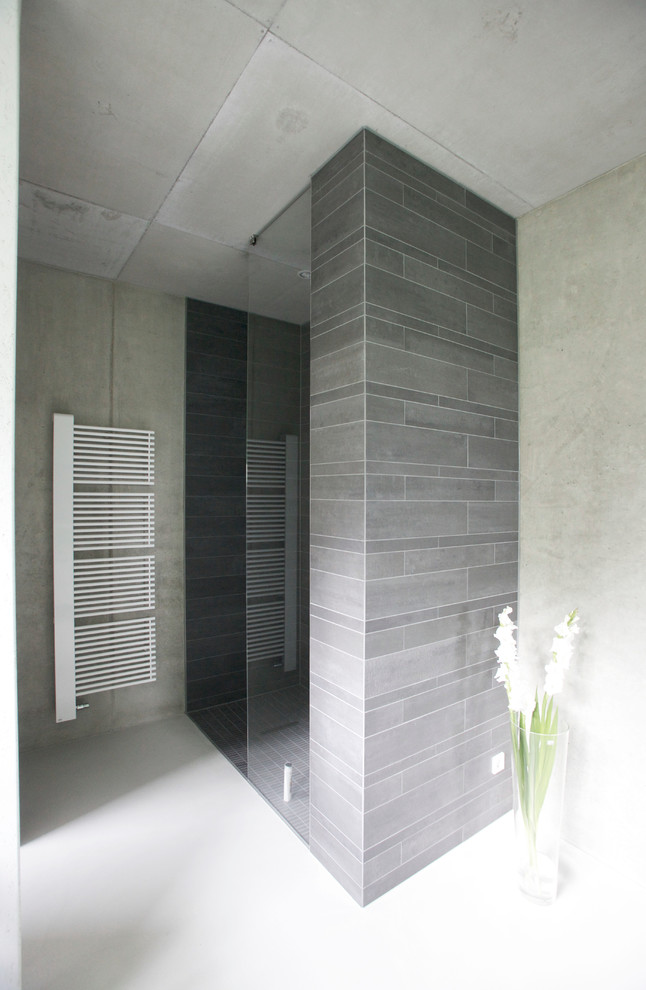 Modernes Badezimmer mit offener Dusche und grauer Wandfarbe in Sonstige