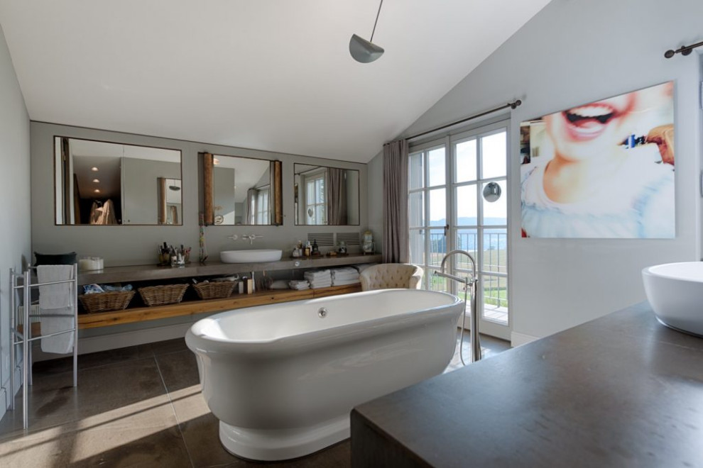 Inspiration for an expansive country ensuite bathroom in Other with open cabinets, a freestanding bath, green walls, marble flooring, a vessel sink, marble worktops, brown floors, grey worktops, double sinks and a floating vanity unit.