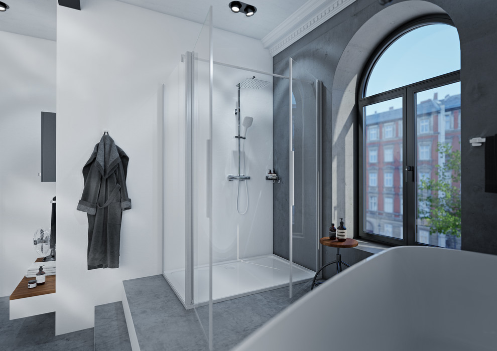 Inspiration för mycket stora industriella badrum med dusch, med släta luckor, grå skåp, ett fristående badkar, en kantlös dusch, en bidé, vita väggar, ett fristående handfat, grått golv, dusch med gångjärnsdörr och betonggolv