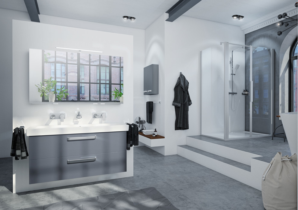 Idéer för ett mycket stort industriellt badrum med dusch, med släta luckor, grå skåp, ett fristående badkar, en kantlös dusch, en bidé, vita väggar, ett fristående handfat, grått golv, dusch med gångjärnsdörr och betonggolv