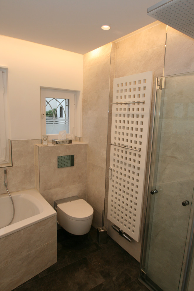 Imagen de cuarto de baño contemporáneo pequeño con aseo y ducha